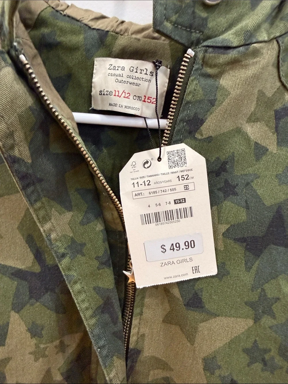 Zara Girls' Star-Print Hooded Jacket - Olive Green